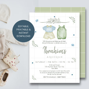 Sage Green Watercolor Baby Boy Aqeeqah Invitation