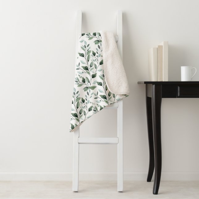Sage Green Watercolor Boho Botanical Leaves Gift Sherpa Blanket (In Situ)