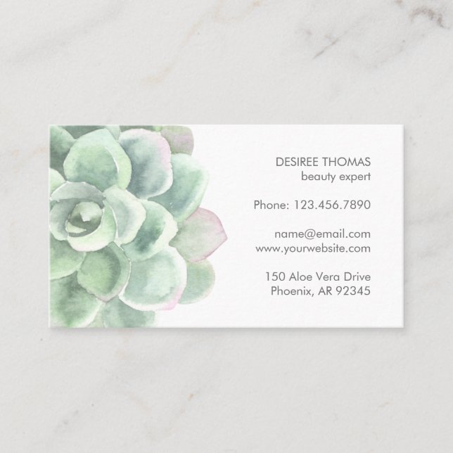 Sage Green Watercolor Botanical Elegant Succulent Business Card (Front)