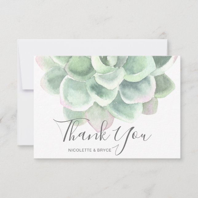 Sage Green Watercolor Botanical Succulent Wedding Thank You Card (Front)