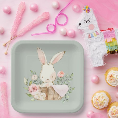 Sage Green Watercolor Bunny Rabbit Paper Plates