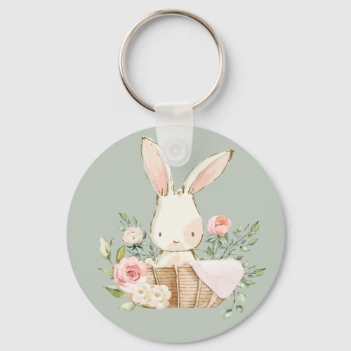 Sage Green Watercolor Bunny Rabbit Woodland  Keychain