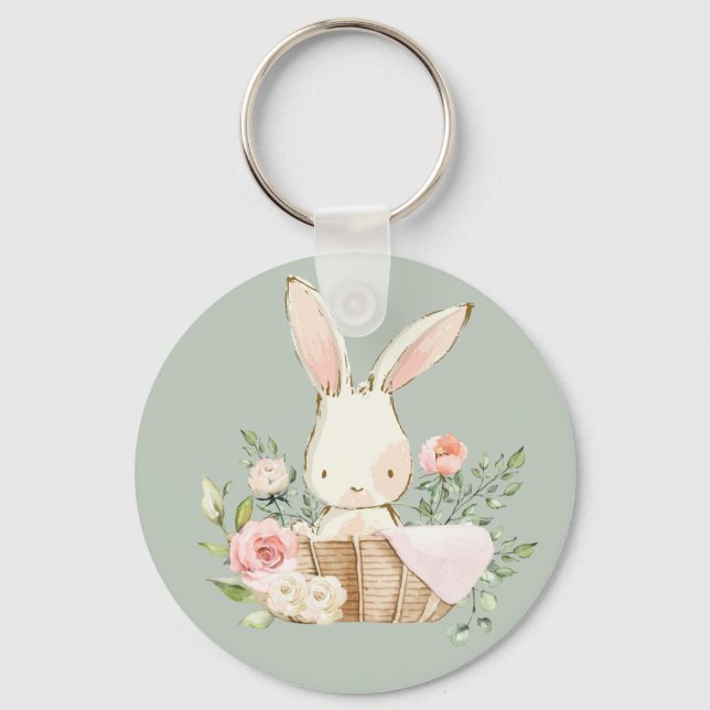 Sage Green Watercolor Bunny Rabbit Woodland  Keychain (Front)