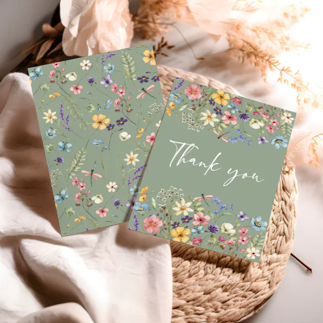 Sage Green Watercolor Butterfly & Wildflower Thank You Card | Zazzle