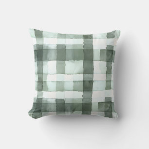 Sage Green Watercolor Checkered Throw Pillow
