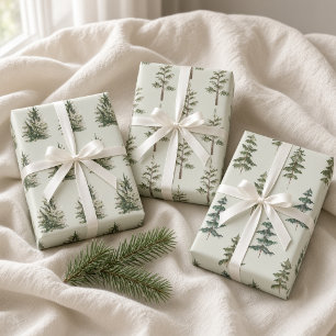 Sage Green Watercolor Christmas Pine Trees Wrapping Paper Sheets