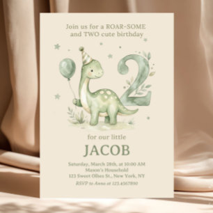 Sage Green Watercolor Dino 2nd Birthday Invitation