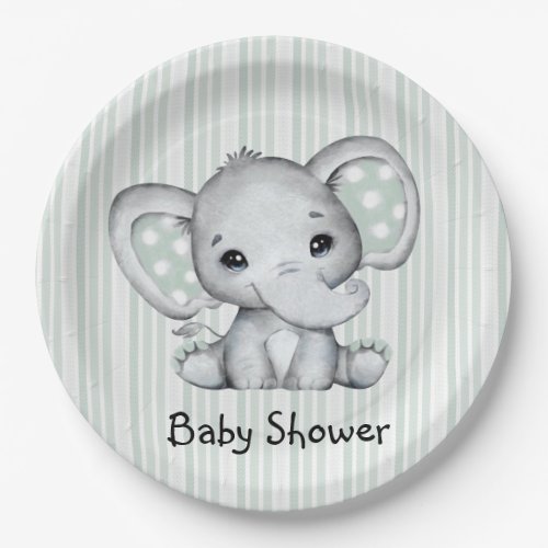 Sage Green Watercolor Elephant Neutral Baby Shower Paper Plates