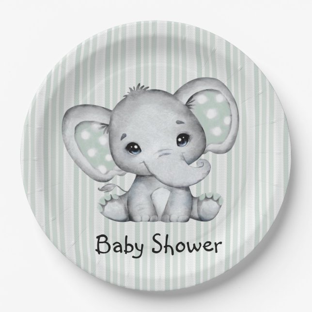 Sage Green Watercolor Elephant Neutral Baby Shower Paper Plates (Front)