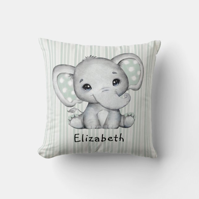 Sage Green Watercolor Elephant Neutral Baby Shower Throw Pillow (Front)
