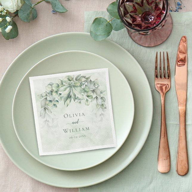 Sage Green Watercolor Eucalyptus Leaves Wedding Napkins (Creator Uploaded)