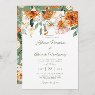 Sage Green Watercolor Flora Orange Elegant Wedding Invitation