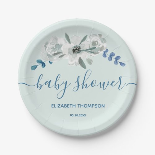 Sage Green Watercolor floral custom baby shower Paper Plates