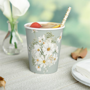 Sage Green Watercolor Floral Daisy Paper Cups