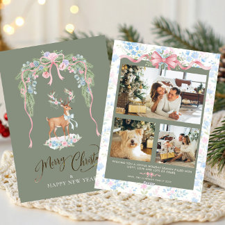 Sage Green Watercolor Floral Deer Antlers Pink Bow Holiday Card