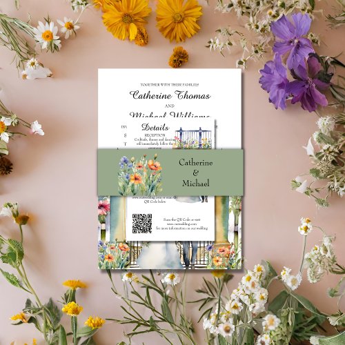 Sage Green Watercolor Floral Garden Wedding Invitation Belly Band