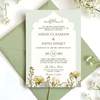 Sage Green Watercolor Floral Islamic Wedding Invitation
