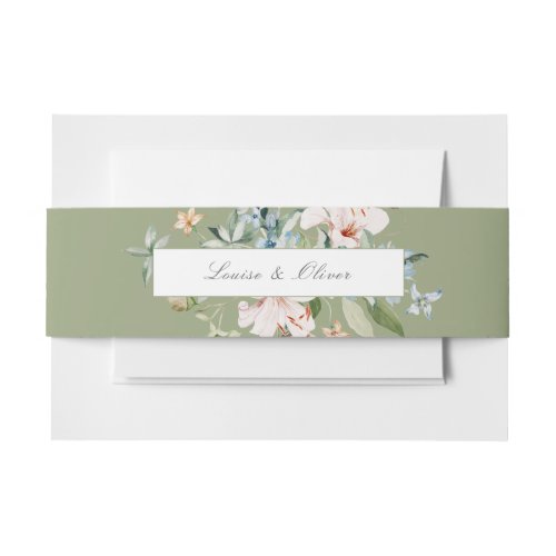 Sage Green Watercolor Floral Name Wedding Invitation Belly Band