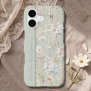 Sage Green Watercolor Floral Personalized iPhone 17 Case