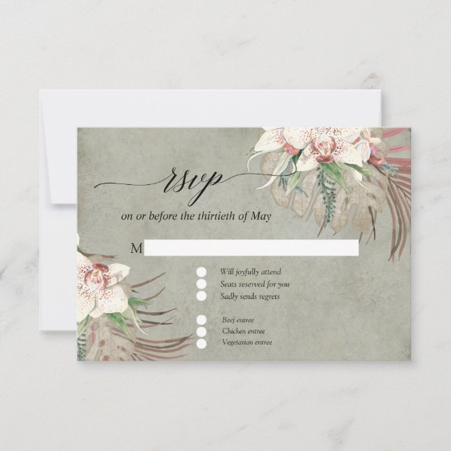 Sage Green Watercolor Floral Tropical Foliage RSVP (Front)