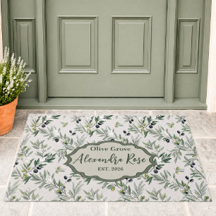 Sage Green Watercolor French Country Olive Name Doormat