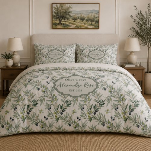 Sage Green Watercolor French Country Olive Name Duvet Cover
