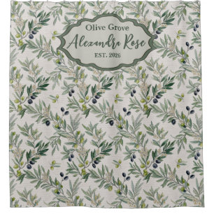 Sage Green Watercolor French Country Olive Name Shower Curtain