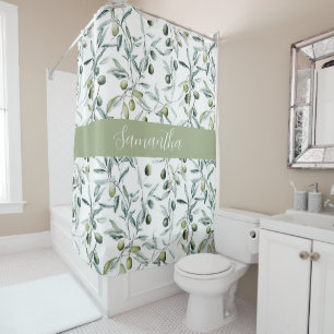 Sage Green Watercolor French Country Olive Name Shower Curtain
