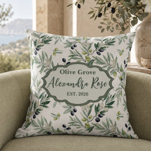 Sage Green Watercolor French Country Olive Name Throw Pillow