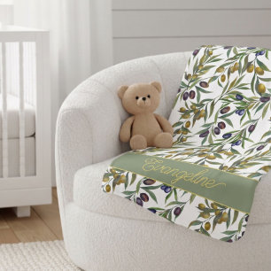 Sage Green Watercolor French Country Olive Pattern Baby Blanket