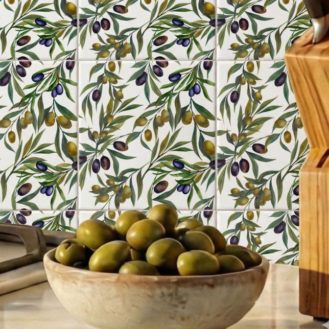 Sage Green Watercolor French Country Olive Pattern Ceramic Tile (Creator Uploaded)
