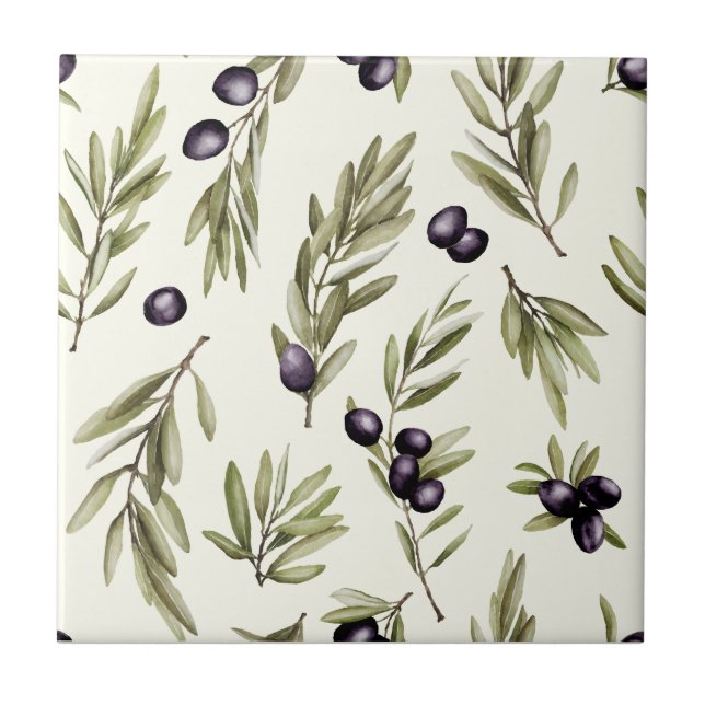 Sage Green Watercolor French Country Olive Pattern Ceramic Tile (Front)