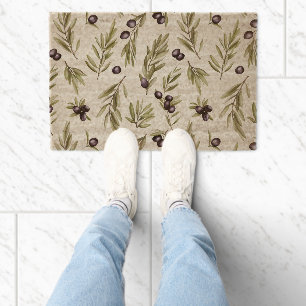 Sage Green Watercolor French Country Olive Pattern Fiber Doormat