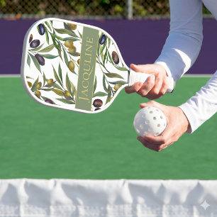 Sage Green Watercolor French Country Olive Pattern Pickleball Paddle
