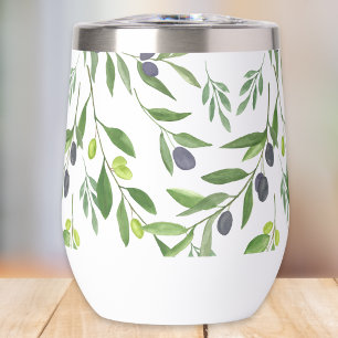 Sage Green Watercolor French Country Olive Pattern Thermal Wine Tumbler