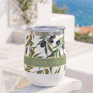 Sage Green Watercolor French Country Olive Pattern Thermal Wine Tumbler