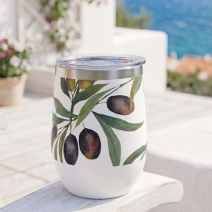 Sage Green Watercolor French Country Olive Pattern Thermal Wine Tumbler