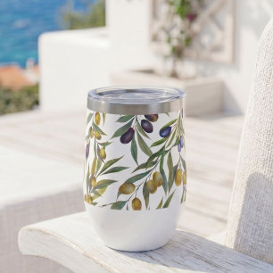 Sage Green Watercolor French Country Olive Pattern Thermal Wine Tumbler