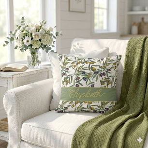 Sage Green Watercolor French Country Olive Pattern Throw Pillow