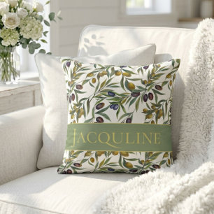 Sage Green Watercolor French Country Olive Pattern Throw Pillow