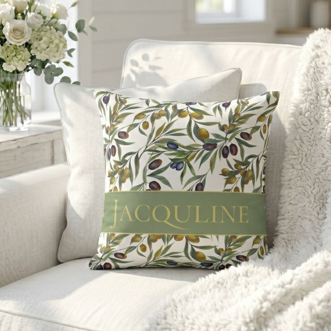 Sage Green Watercolor French Country Olive Pattern Throw Pillow (Creator Uploaded)