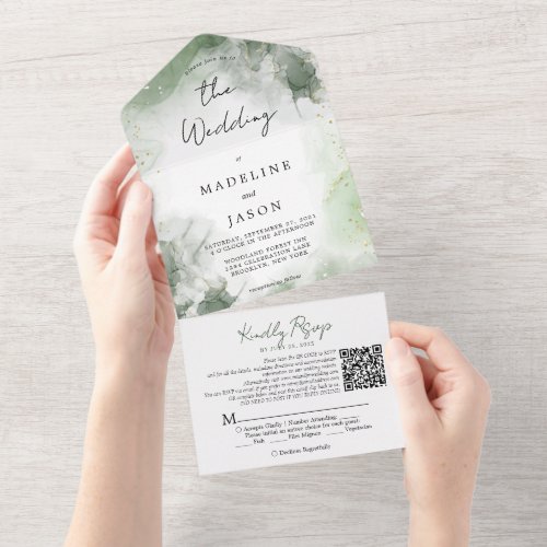 Sage Green Watercolor Gold Splash QR Code Wedding All In One Invitation