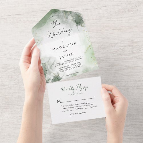 Sage Green Watercolor Gold Splash Wedding All In One Invitation