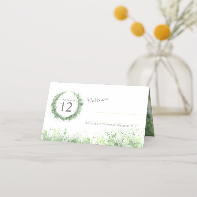 Sage green watercolor grass effect wedding place card (Front)