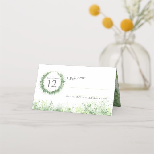 Sage green watercolor grass effect wedding place card