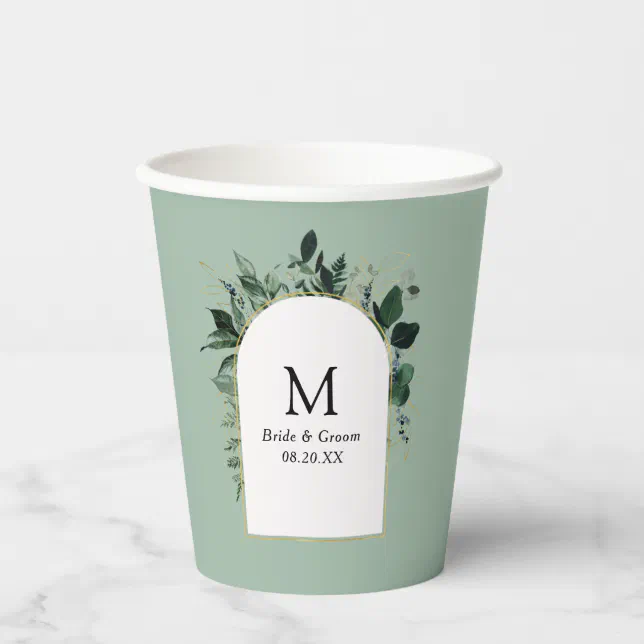 Sage green watercolor greenery arch wedding paper cups | Zazzle
