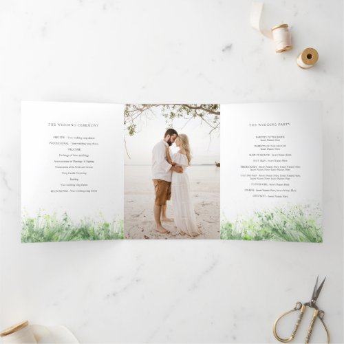 Sage green watercolor greenery wreath wedding Tri_Fold program