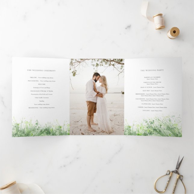 Sage green watercolor greenery wreath wedding Tri-Fold program (Inside)