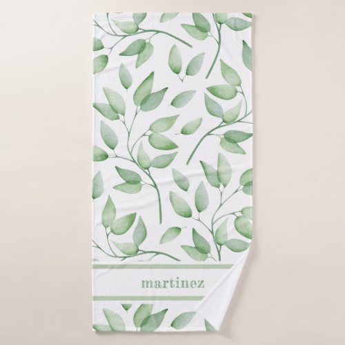 Sage Green Watercolor Leaves and Name Bath Towel