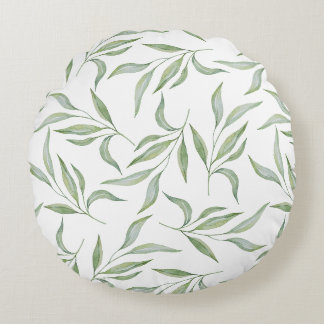 Sage Green Watercolor Leaves Botanical Pattern Round Pillow